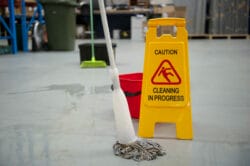 mop and caution sign on wet floor